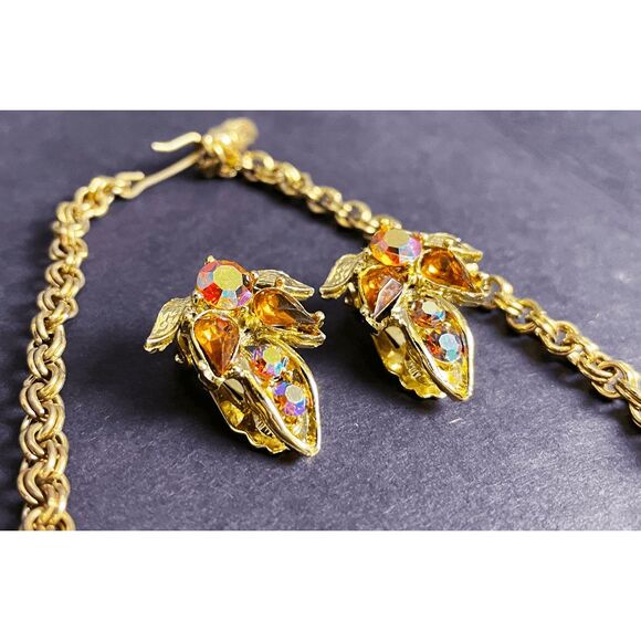 Vintage Demi Parure 50s Rhinestone Necklace & Clips Earrings AB Crystal - Picture 6 of 8